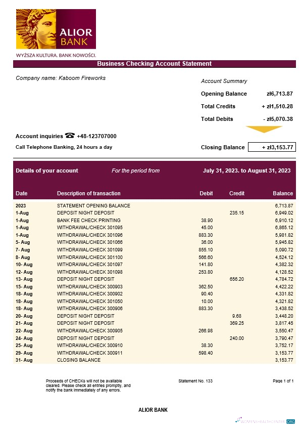 Download Alior Bank company checking account statement Word and PDF template Photoshop template